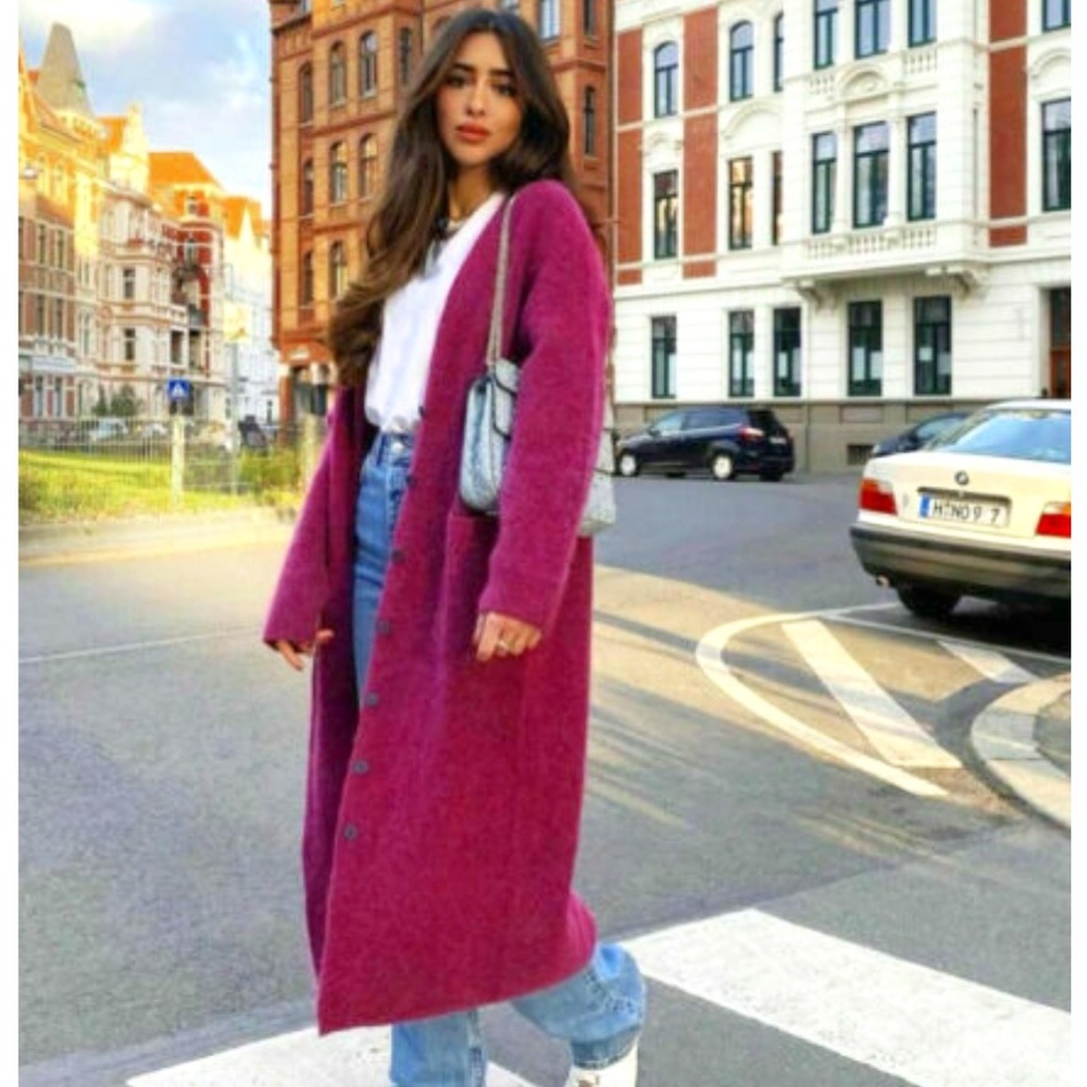 Zara Long Fuchsia Button-Front Cardigan Coatigan
